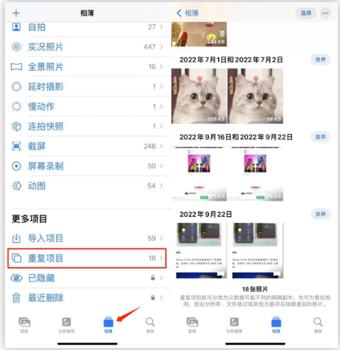 巴林右苹果手机维修分享iOS 16 中相册重复项目功能使用方法 