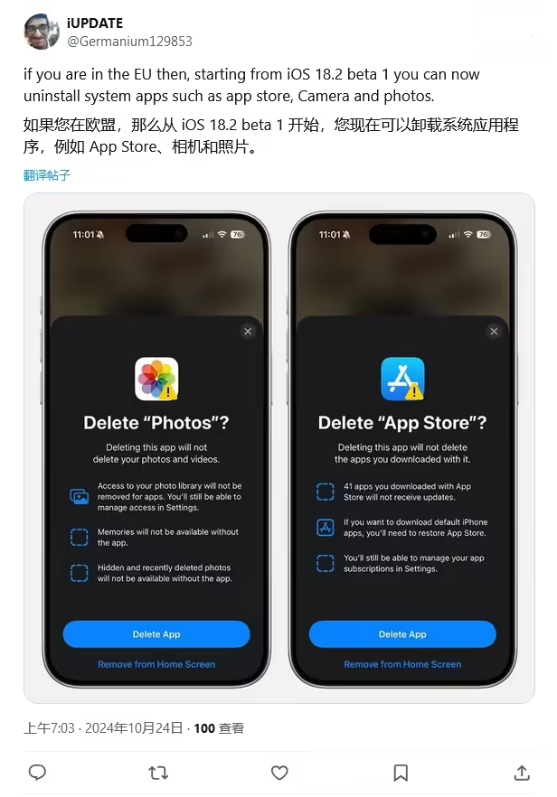 巴林右苹果手机维修分享iOS 18.2 支持删除 App Store 应用商店 