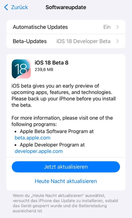 巴林右苹果手机维修分享苹果 iOS / iPadOS 18 开发者预览版 Beta 8 发布 